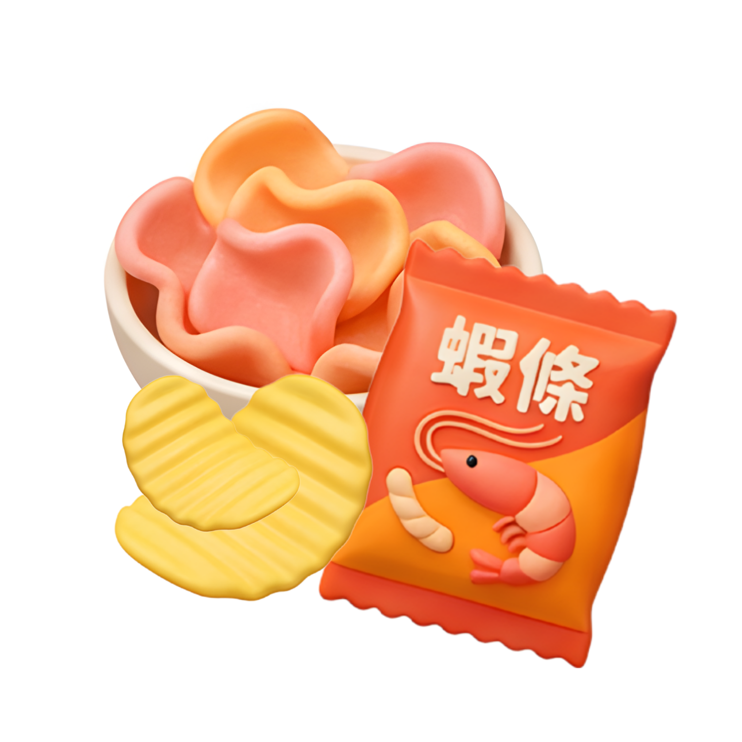 一張展示多款蝦片蝦條薯片包裝與酥脆零食內容的分類頁主圖，呈現原味、香辣及燒烤等人氣口味，突顯日用百貨零食選擇豐富與香脆口感特色，並自然帶出一同百貨精選亞洲人氣蝦片蝦條薯片。