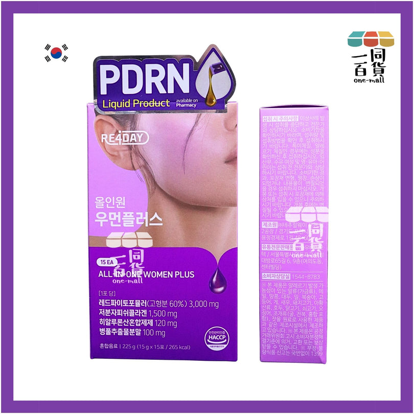 RE4DAY 紫盒 All-in-One Women Plus PDRN 條裝包裝與規格示意