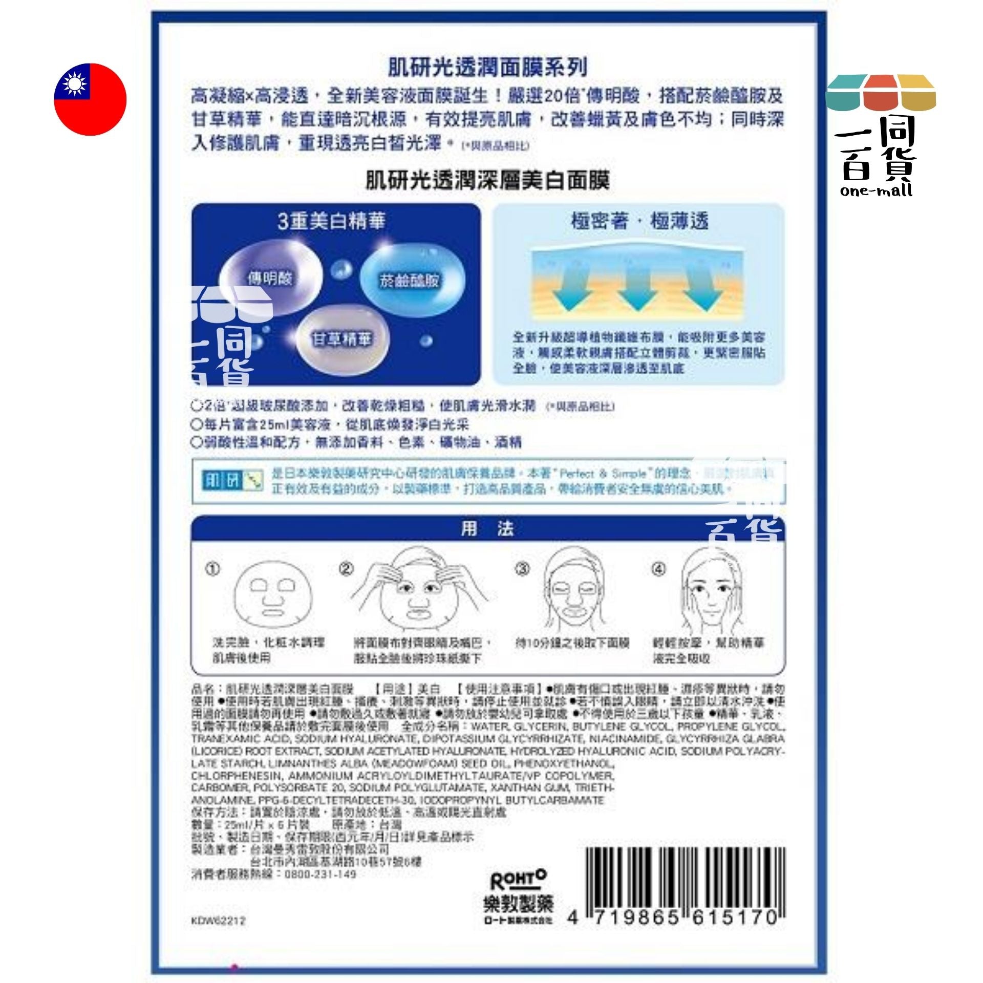 Hada Labo 肌研 | 光透潤深層美白面膜 6ea 深藍 (平行進口) C117