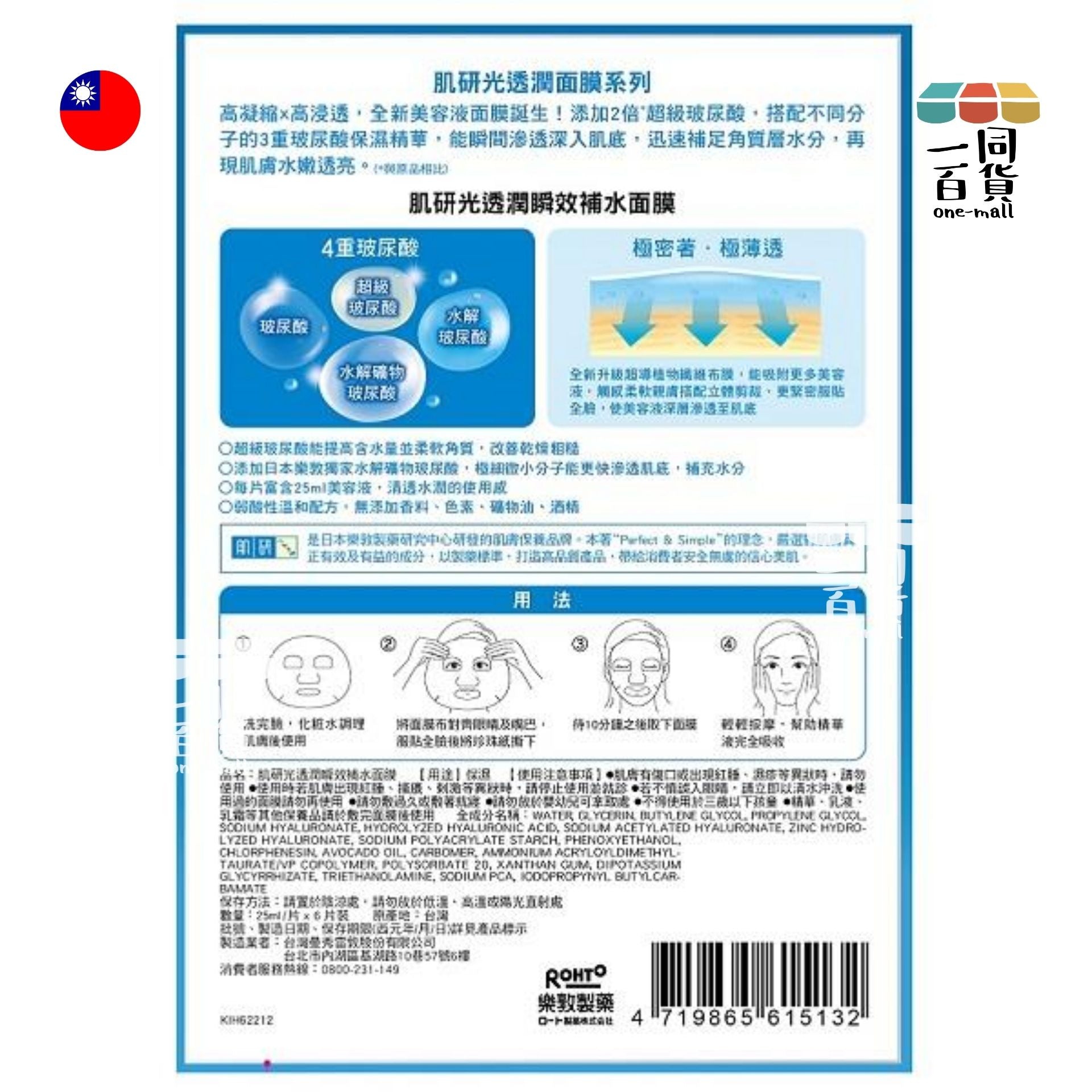 Hada Labo 肌研 | 光透潤瞬效補水面膜 6ea 淺藍 (平行進口) C113