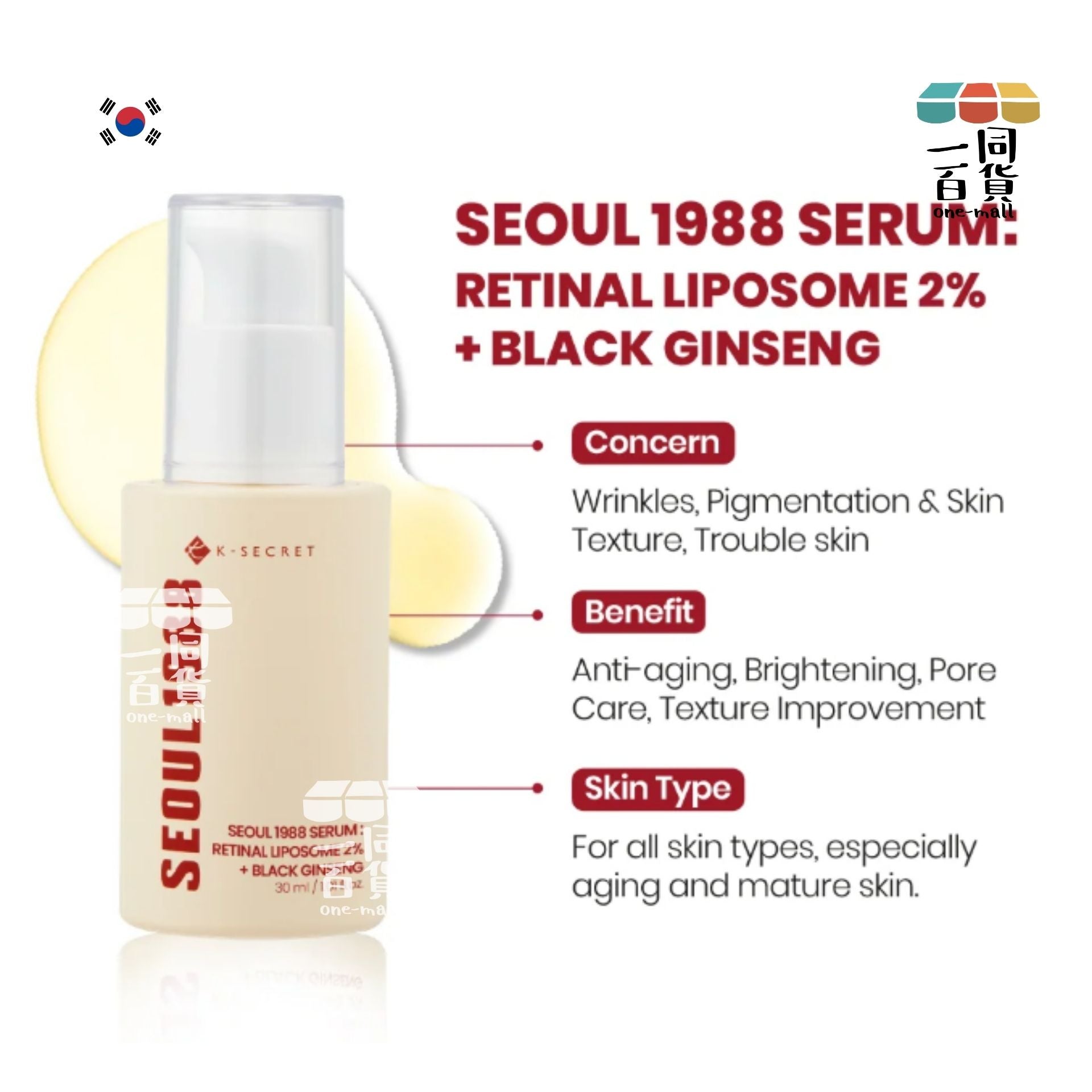 K-SECRET | SEOUL 1988 精華液 視網膜脂質體 2% + 黑人參 30ml [紅盒](平行進口) D234